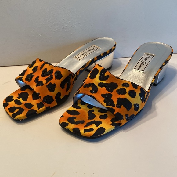 Diane Gilman leopard orange black sequin square toe chunky block heel slides - Picture 9 of 16